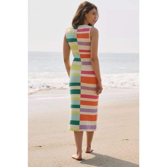 Anthropologie Flat White Striped Knit Midi Dress Size Large Multi Color Boho - Picture 13 of 13